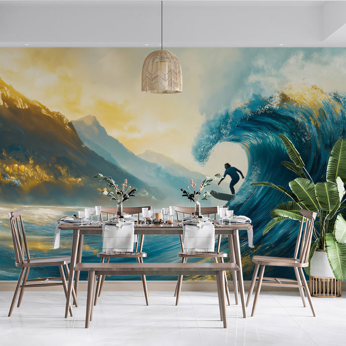 Dining room with a large mural of a surfer on a wave, wooden table, chairs, and decor.