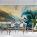 Dining room with a large mural of a surfer on a wave, wooden table, chairs, and decor.