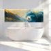 Modern bathroom with a freestanding bathtub and a large wall mural of a surfer on a wave.