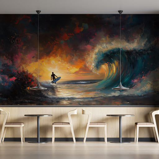 Restaurant interior with a large wall mural of a surfer on a wave at sunset.