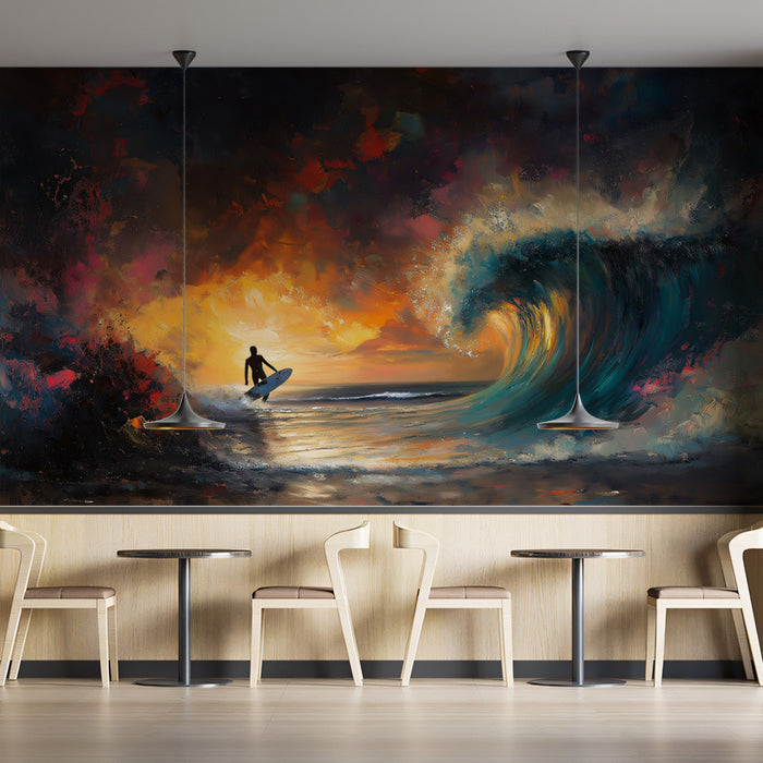 Restaurant interior with a large wall mural of a surfer on a wave at sunset.