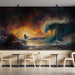 Restaurant interior with a large wall mural of a surfer on a wave at sunset.
