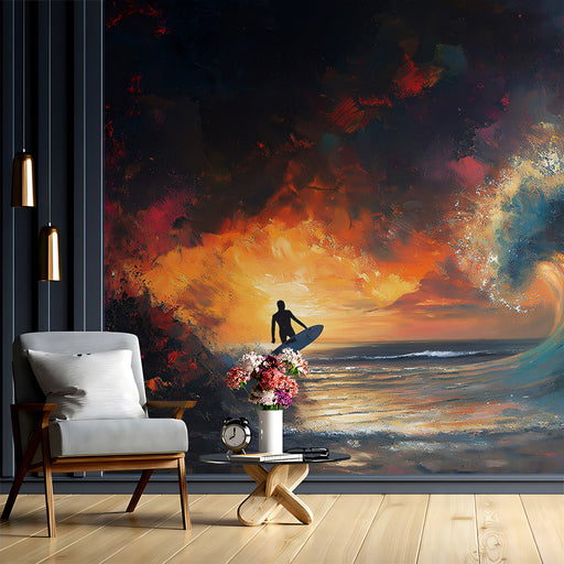 Living room with a large wall mural of a surfer on a surfboard against a vibrant sunset sky.