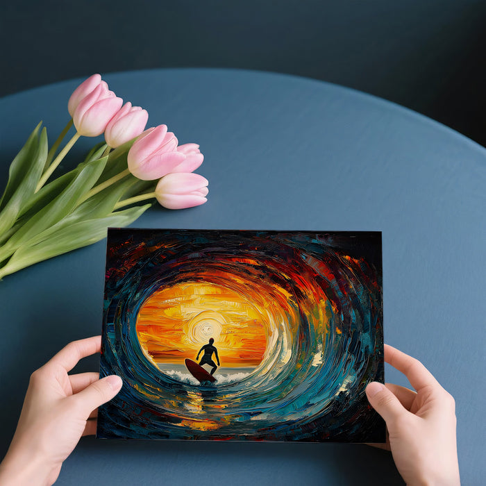 Fire and Ice Barrel Wave Mural Wallpaper | High-Contrast Sunset, Surfer Silhouette, Impasto Art