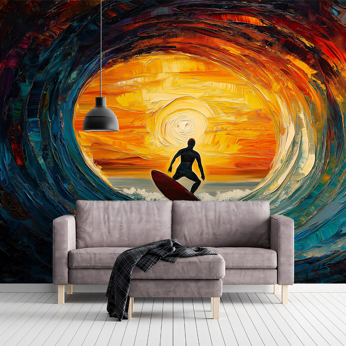 Fire and Ice Barrel Wave Mural Wallpaper | High-Contrast Sunset, Surfer Silhouette, Impasto Art
