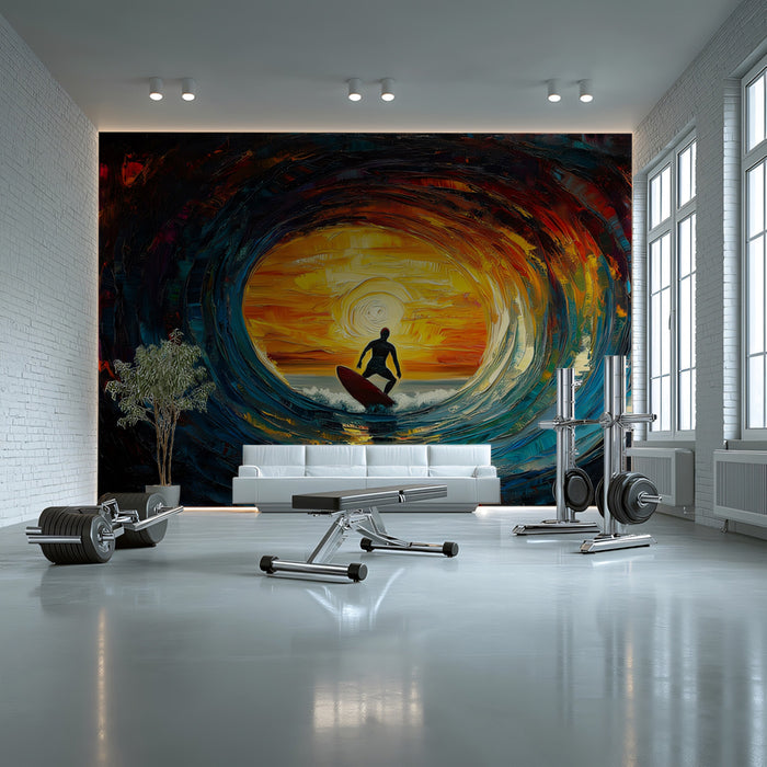 Fire and Ice Barrel Wave Mural Wallpaper | High-Contrast Sunset, Surfer Silhouette, Impasto Art