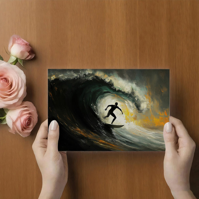 Dark and Moody Barrel Wave Surfer Mural Wallpaper | Low-Key Lighting, Dramatic Shadows, Textured