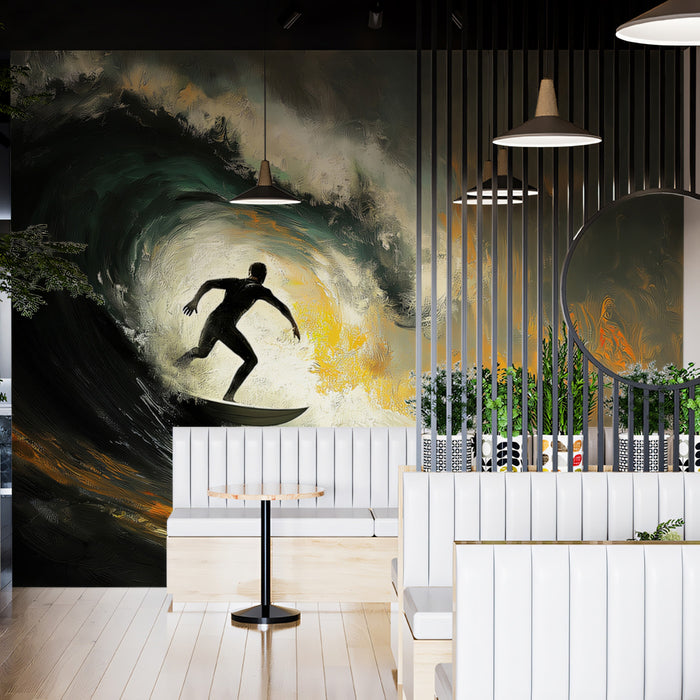 Dark and Moody Barrel Wave Surfer Mural Wallpaper | Low-Key Lighting, Dramatic Shadows, Textured