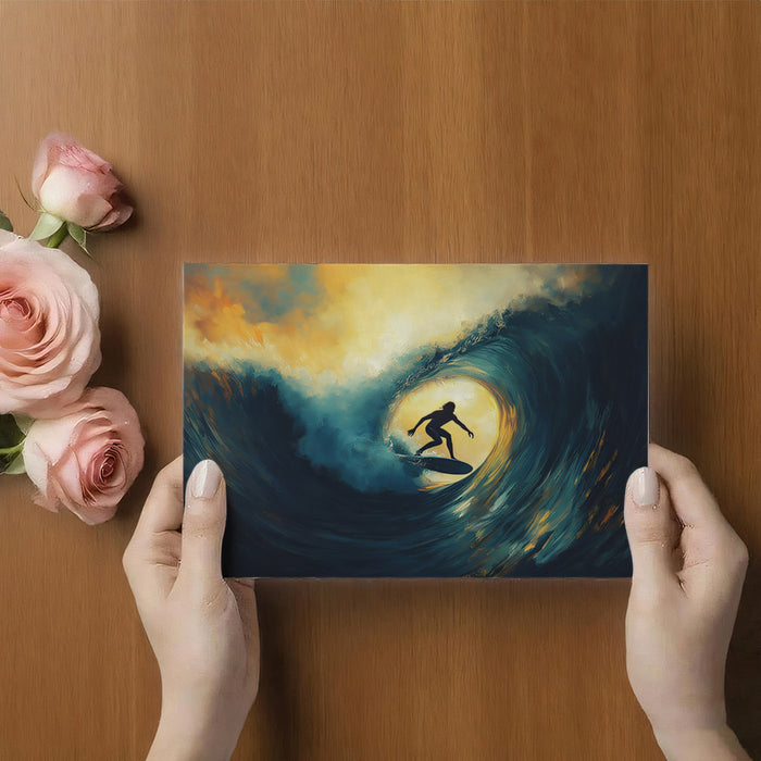 Golden Backlit Barrel Wave Surfer Mural Wallpaper | Warm Glow, Deep Blue Water, Dramatic Silhouette