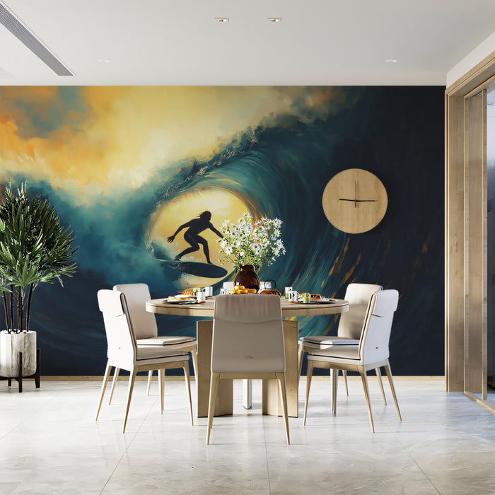 Golden Backlit Barrel Wave Surfer Mural Wallpaper | Warm Glow, Deep Blue Water, Dramatic Silhouette