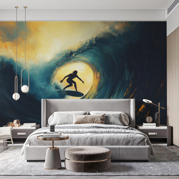 Golden Backlit Barrel Wave Surfer Mural Wallpaper | Warm Glow, Deep Blue Water, Dramatic Silhouette