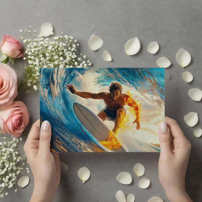 Surfer with Fiery Effect Mural Wallpaper | Blue Wave, Orange Flame Accents, Hyper-Realistic Action