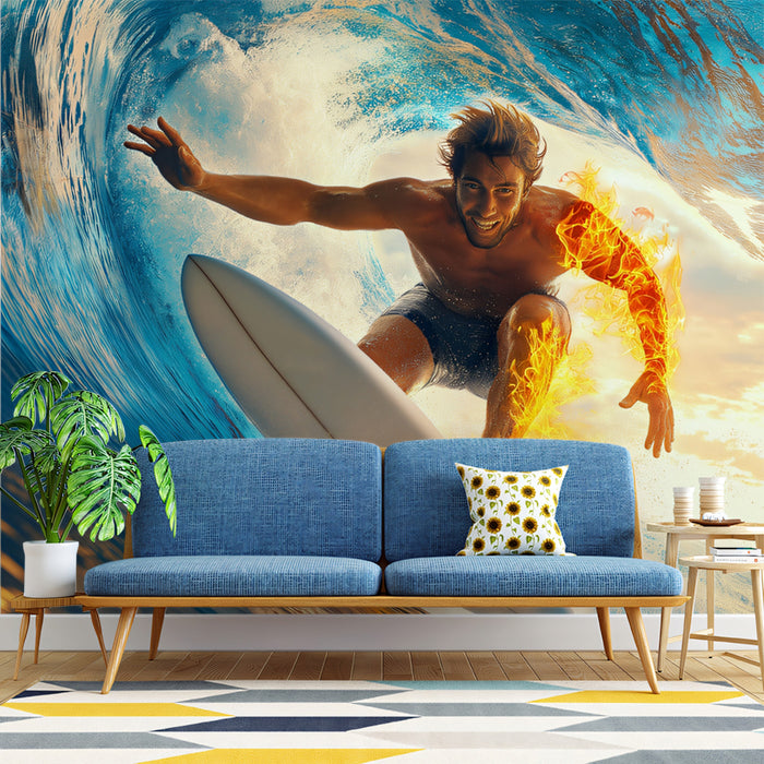 Surfer with Fiery Effect Mural Wallpaper | Blue Wave, Orange Flame Accents, Hyper-Realistic Action