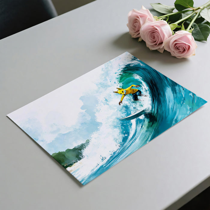 Fox Surfer Cartoon Mural Wallpaper | Whimsical Illustration, Teal Water, Light and Playful