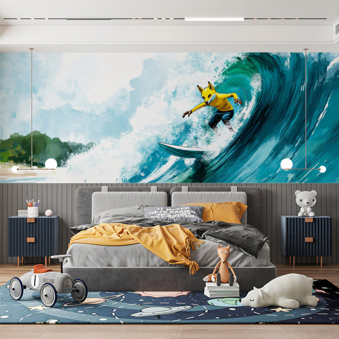 Fox Surfer Cartoon Mural Wallpaper | Whimsical Illustration, Teal Water, Light and Playful