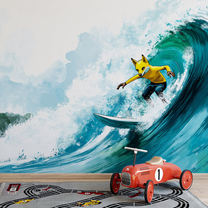 Fox Surfer Cartoon Mural Wallpaper | Whimsical Illustration, Teal Water, Light and Playful
