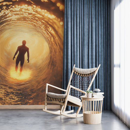 Modern interior with a large wall mural of a person in a tunnel of light, a rocking chair, and a small table.