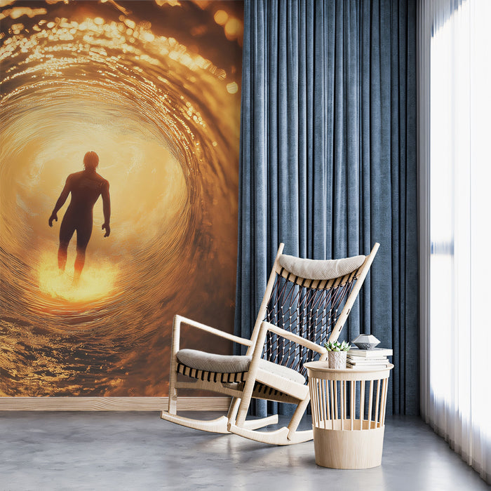 Modern interior with a large wall mural of a person in a tunnel of light, a rocking chair, and a small table.
