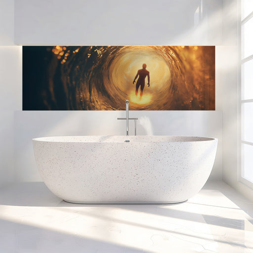 Modern white freestanding bathtub with a large wall-mounted artwork in a bright bathroom.