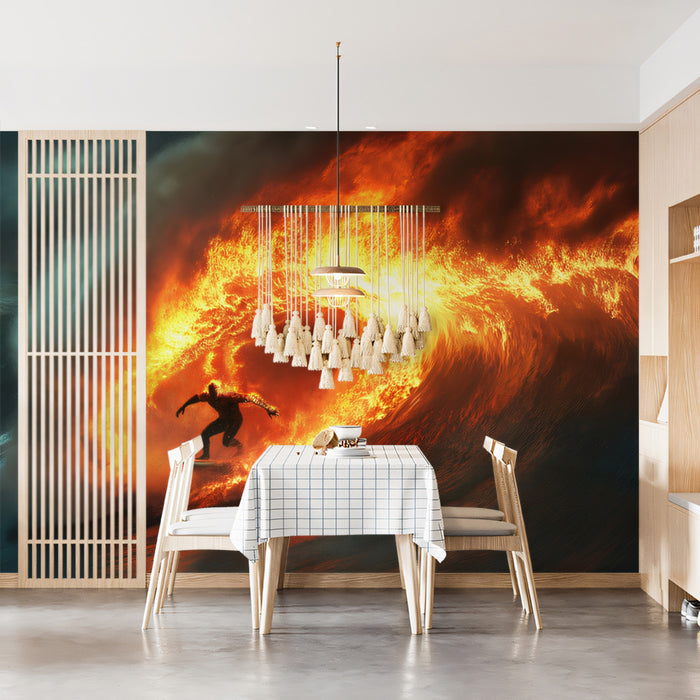 Surfer in Fiery Barrel Wave Mural Wallpaper | Intense Orange and Red Glow, Dramatic Action, Fantasy