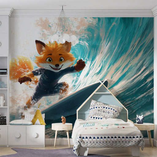 Children's room with a fox wall mural and bed.