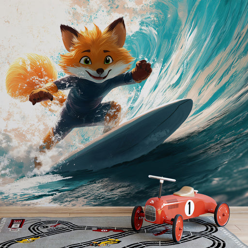 Cartoon fox surfing on a wave with a toy car on a road mat below.