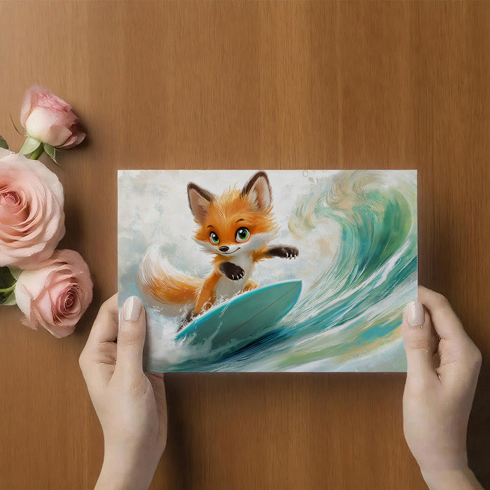 Close-Up Cute Fox Surfer Mural Wallpaper | Bright Water, Detailed Fur, Whimsical Character Focus