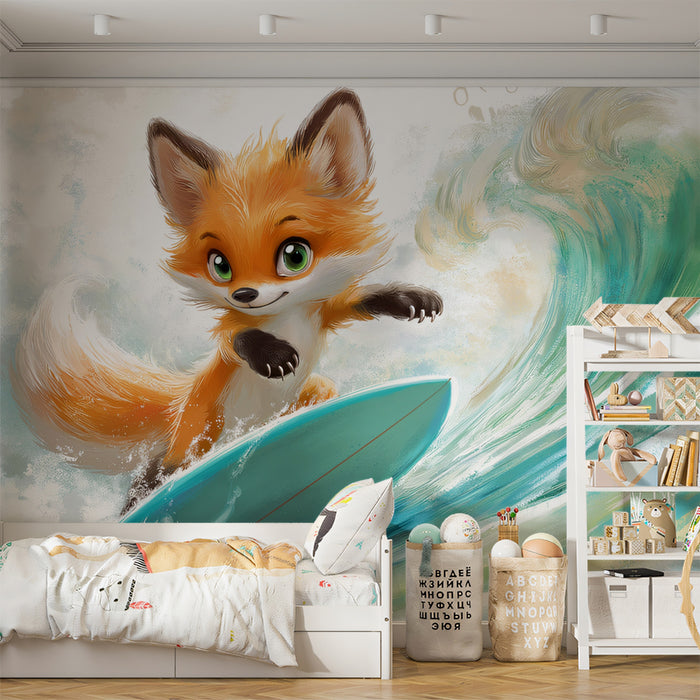 Close-Up Cute Fox Surfer Mural Wallpaper | Bright Water, Detailed Fur, Whimsical Character Focus