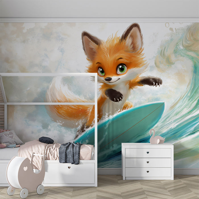 Close-Up Cute Fox Surfer Mural Wallpaper | Bright Water, Detailed Fur, Whimsical Character Focus