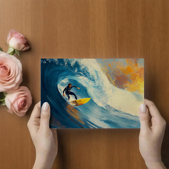 Surfer in Blue and Yellow Barrel Mural Wallpaper | Impasto Texture, Dynamic Sunset Light, Cool/Warm Contrast