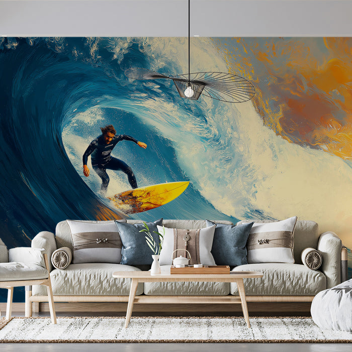 Surfer in Blue and Yellow Barrel Mural Wallpaper | Impasto Texture, Dynamic Sunset Light, Cool/Warm Contrast