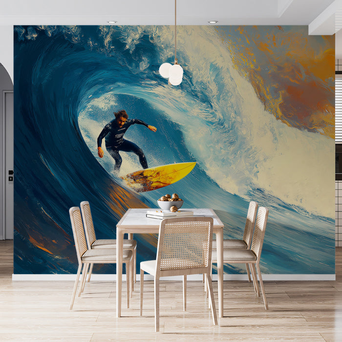 Surfer in Blue and Yellow Barrel Mural Wallpaper | Impasto Texture, Dynamic Sunset Light, Cool/Warm Contrast
