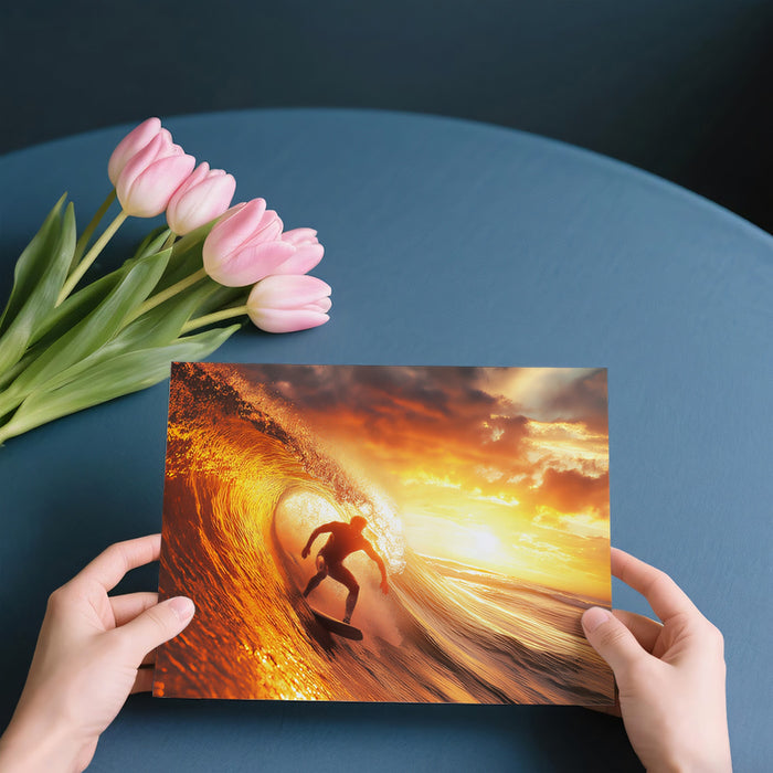 Golden Sunset Barrel Surfer Silhouette Mural | Intense Warm Glow, Silhouette Action, High Drama