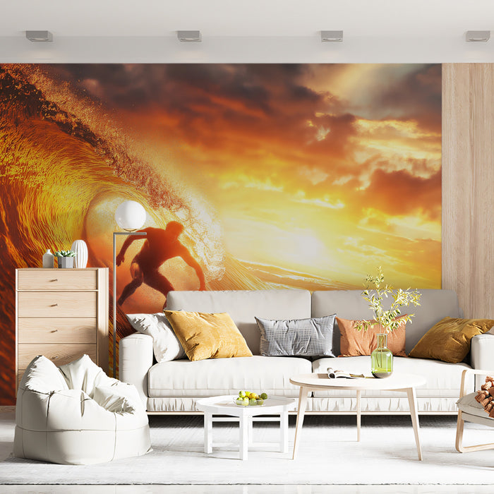Golden Sunset Barrel Surfer Silhouette Mural | Intense Warm Glow, Silhouette Action, High Drama