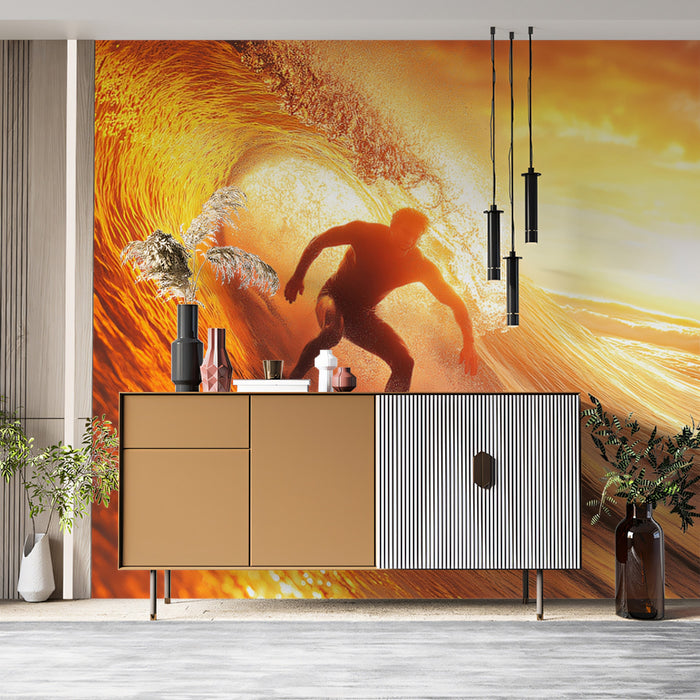 Golden Sunset Barrel Surfer Silhouette Mural | Intense Warm Glow, Silhouette Action, High Drama