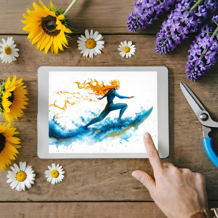 Abstract Surfer with Fiery Hair Mural Wallpaper | Watercolor Style, Dynamic Movement, White Background