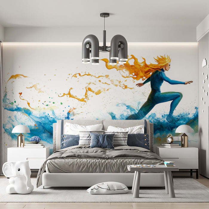 Abstract Surfer with Fiery Hair Mural Wallpaper | Watercolor Style, Dynamic Movement, White Background
