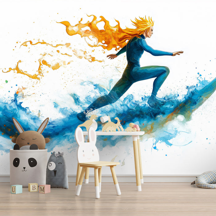 Abstract Surfer with Fiery Hair Mural Wallpaper | Watercolor Style, Dynamic Movement, White Background