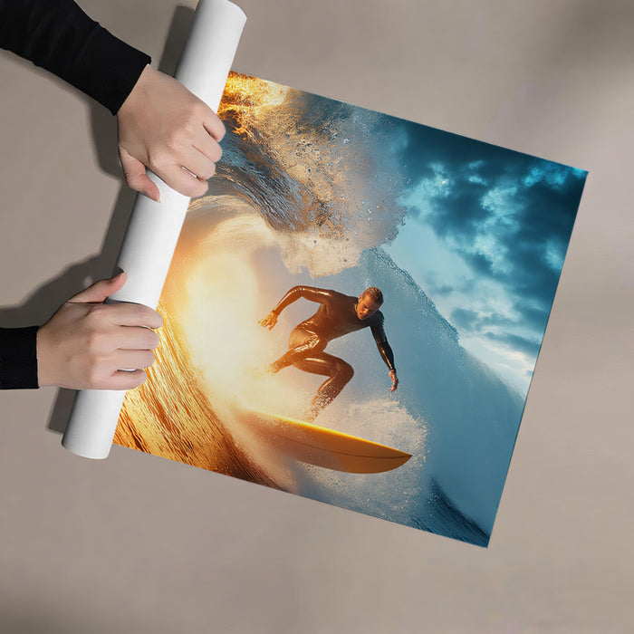 Fire and Water Barrel Wave Mural Wallpaper | Split Contrast, Surfer in Golden Light, Intense Action