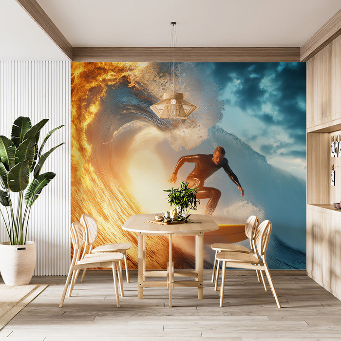 Fire and Water Barrel Wave Mural Wallpaper | Split Contrast, Surfer in Golden Light, Intense Action