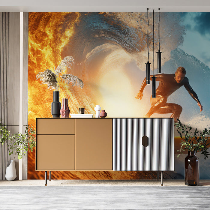 Fire and Water Barrel Wave Mural Wallpaper | Split Contrast, Surfer in Golden Light, Intense Action