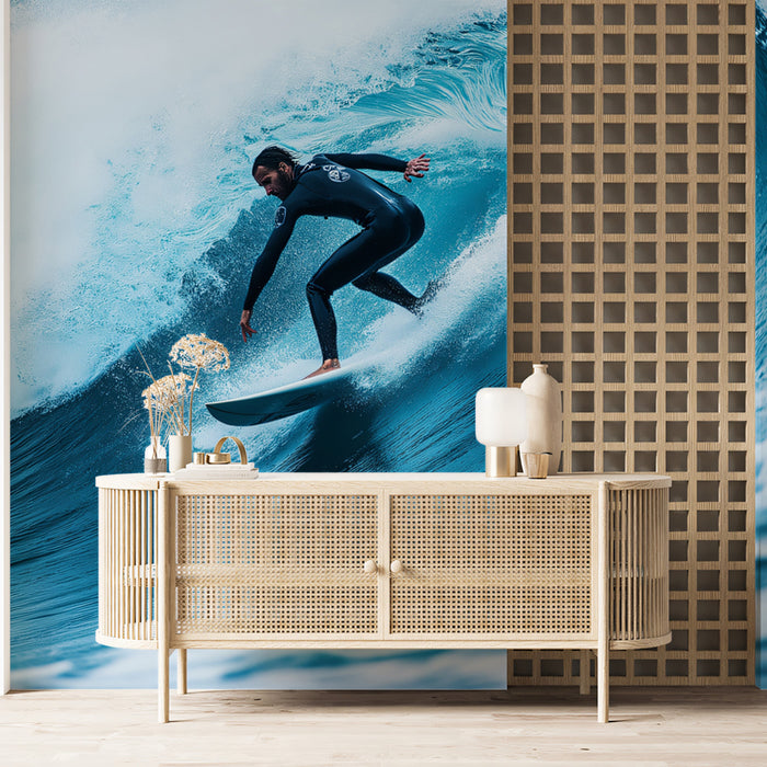 High-Action Turquoise Barrel Wave Mural Wallpaper | Cool Tones, Fluid Movement, Clean Realism