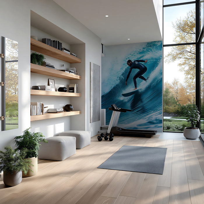 High-Action Turquoise Barrel Wave Mural Wallpaper | Cool Tones, Fluid Movement, Clean Realism