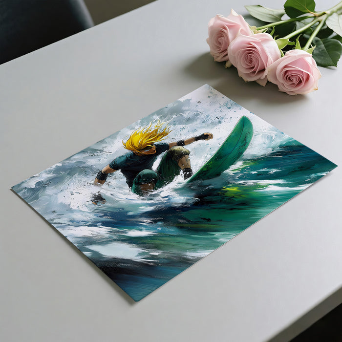 Anime-Style Surfer Action Mural Wallpaper | Dynamic Brushwork, Vibrant Green Board, High Energy