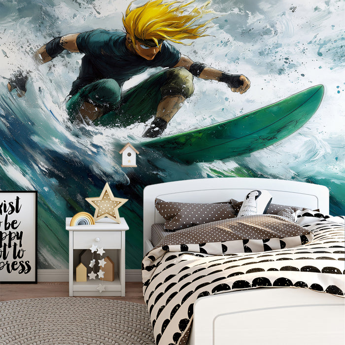 Anime-Style Surfer Action Mural Wallpaper | Dynamic Brushwork, Vibrant Green Board, High Energy
