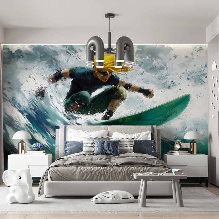 Anime-Style Surfer Action Mural Wallpaper | Dynamic Brushwork, Vibrant Green Board, High Energy