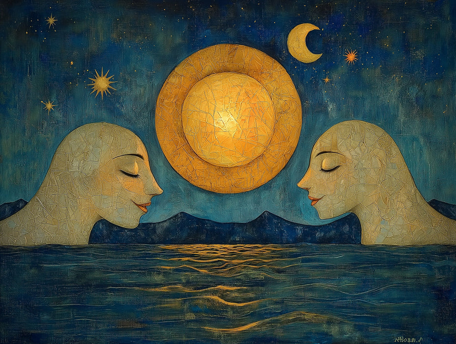 Moon and Faces Mural Wallpaper in Bedroom | Various Colors (Blue, Yellow, etc.) Moon and Faces