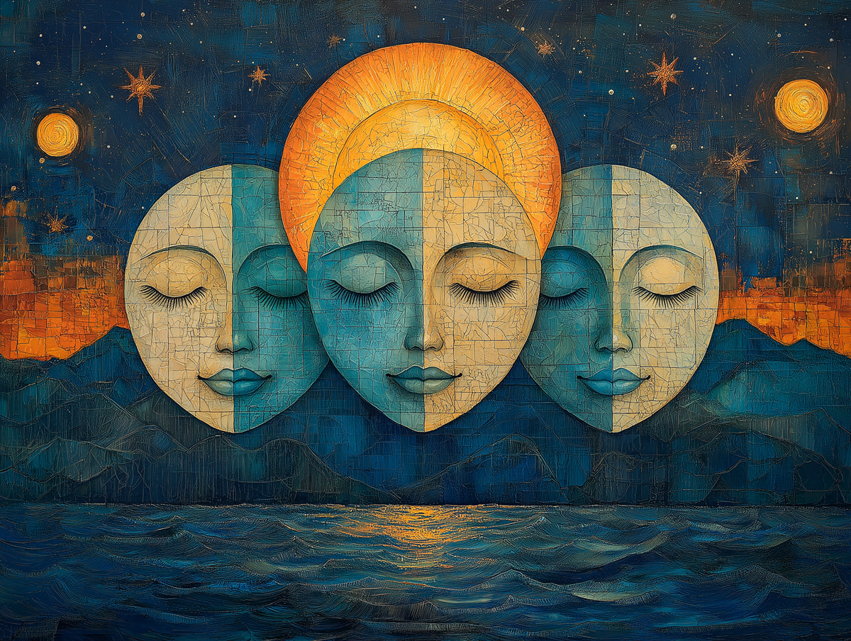Moon and Faces Mural Wallpaper in Bedroom | Various Colors (Blue, Yellow, etc.) Moon and Faces