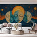Moon and Faces Mural Wallpaper in Bedroom | Various Colors (Blue, Yellow, etc.) Moon and Faces