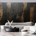 Black and Gold Panel Mural Wallpaper in Living Room | Black and Gold Wooden Panel